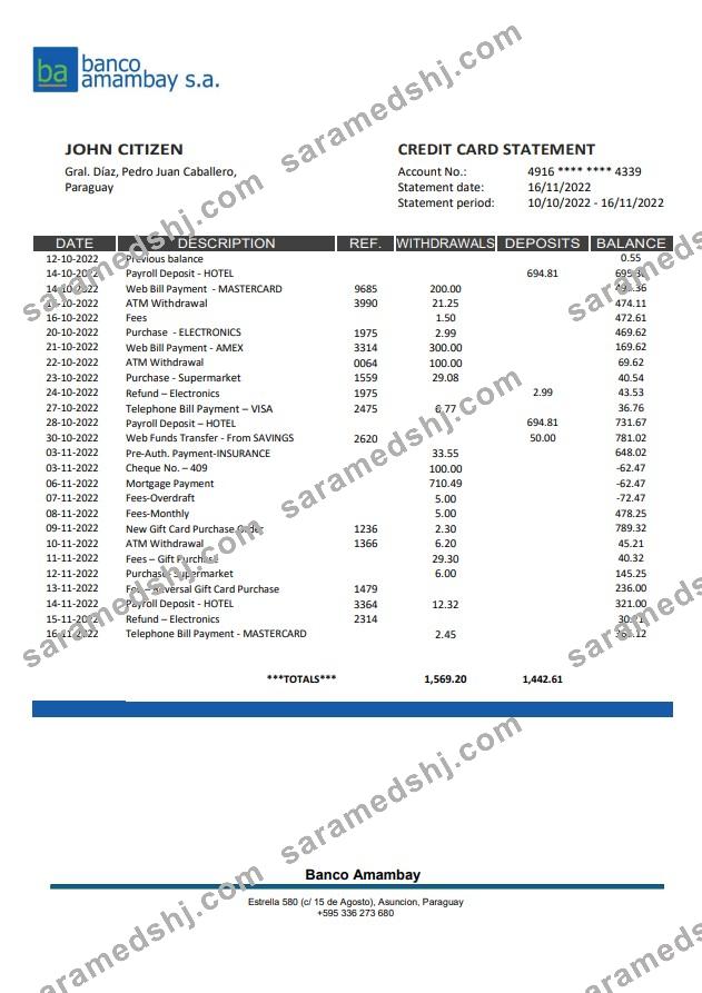 Paraguay Banco Amambay bank statement